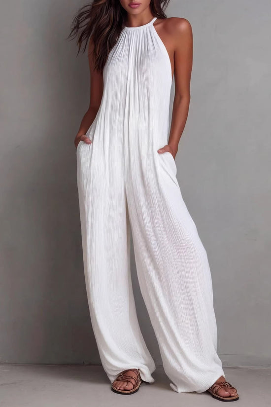 Resort-style White Pleated Open-back Wide-leg Jumpsuit 