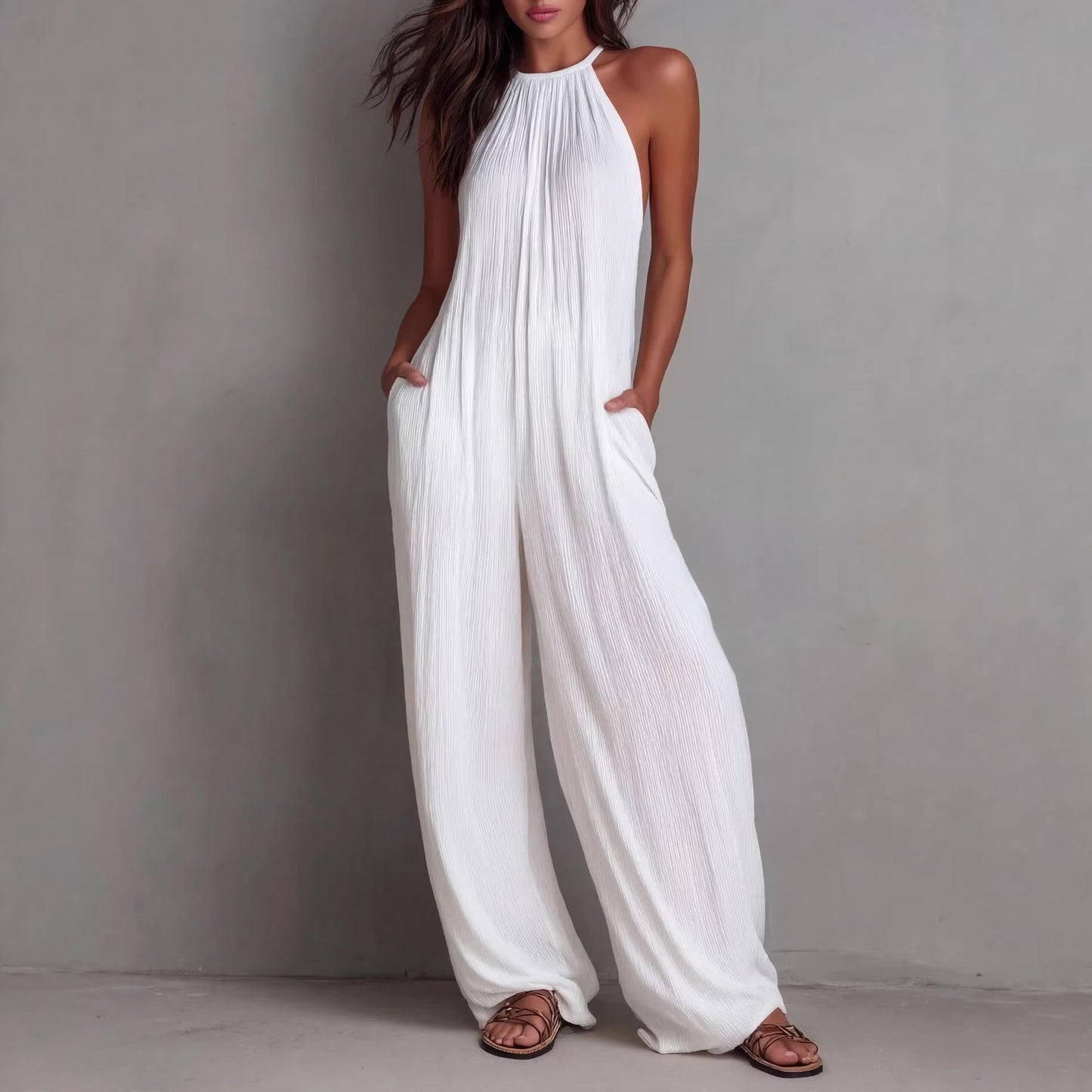 Resort-style White Pleated Open-back Wide-leg Jumpsuit 
