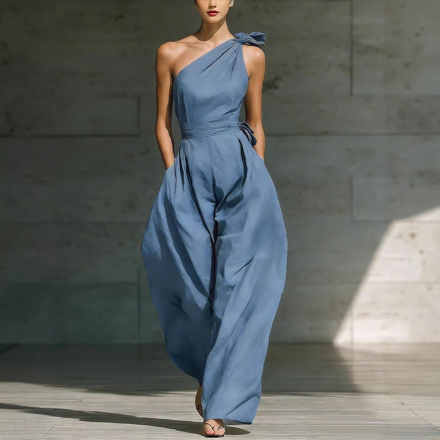 Loose-fitting Sleeveless Off-shoulder Belted Jumpsuit 