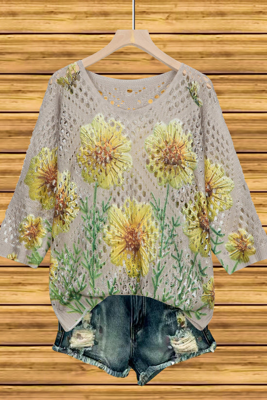 Womens Hollowed-Out Batwing-Sleeve Sweater With 3D Knitted Print 