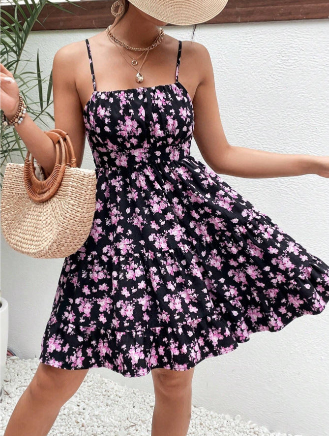 Floral Print Smocked Mini Dress Spaghetti Strap Slim Fit Flowy Dresses 
