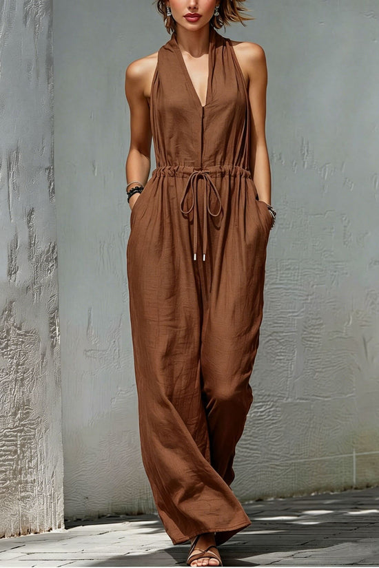 Womens Sleeveless Solid-Color Long Holiday Jumpsuit 