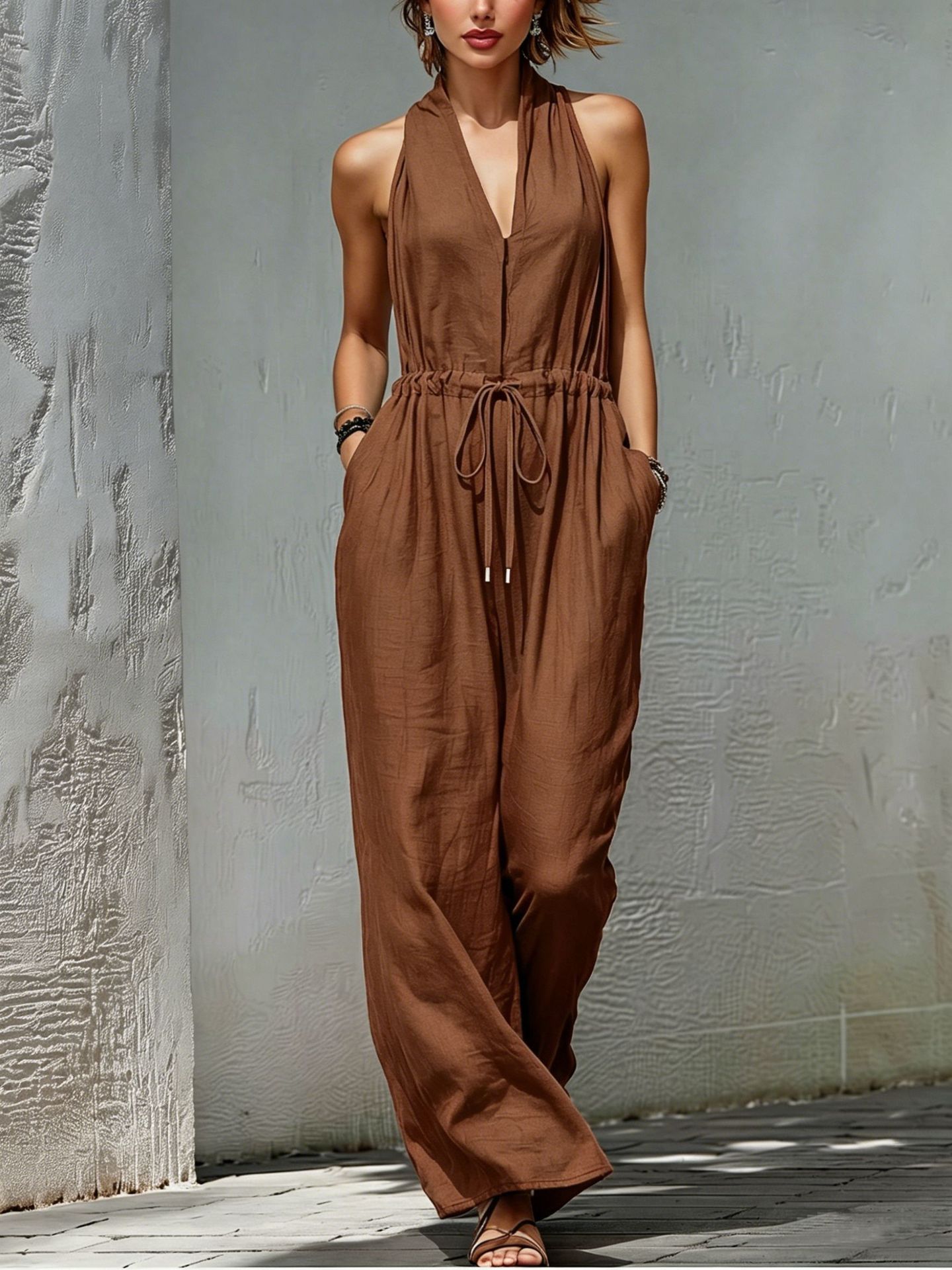 Womens Sleeveless Solid-Color Long Holiday Jumpsuit 
