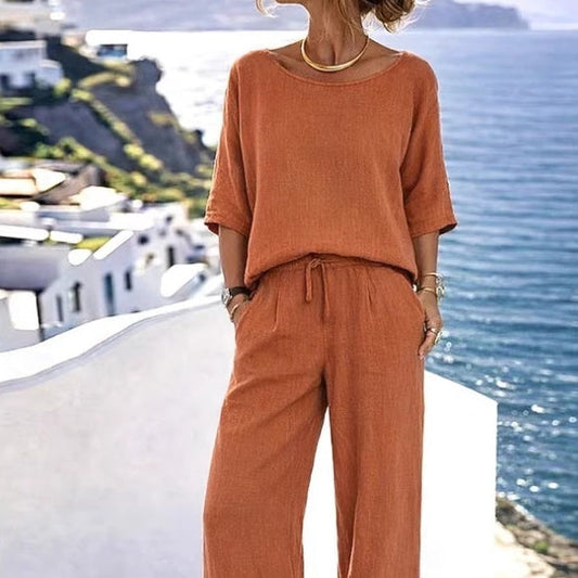 Cotton-Linen Minimalist Elegant Resort Short-Sleeve Pants Set 