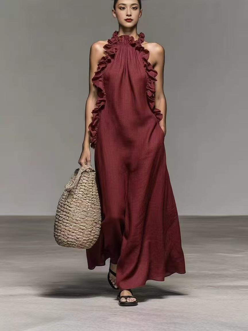 Summer Halter Neck Ruffled Sleeveless Dress, Loose Fit Flowy Dress With Pockets 