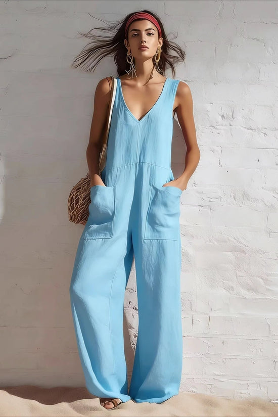Womens Sleeveless V-Neck Pocketed Casual Jumpsuit 