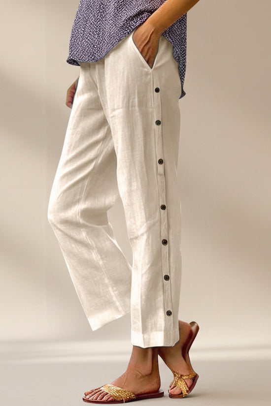 Cropped Pants With Decorative Buttons Along The Side Seams 