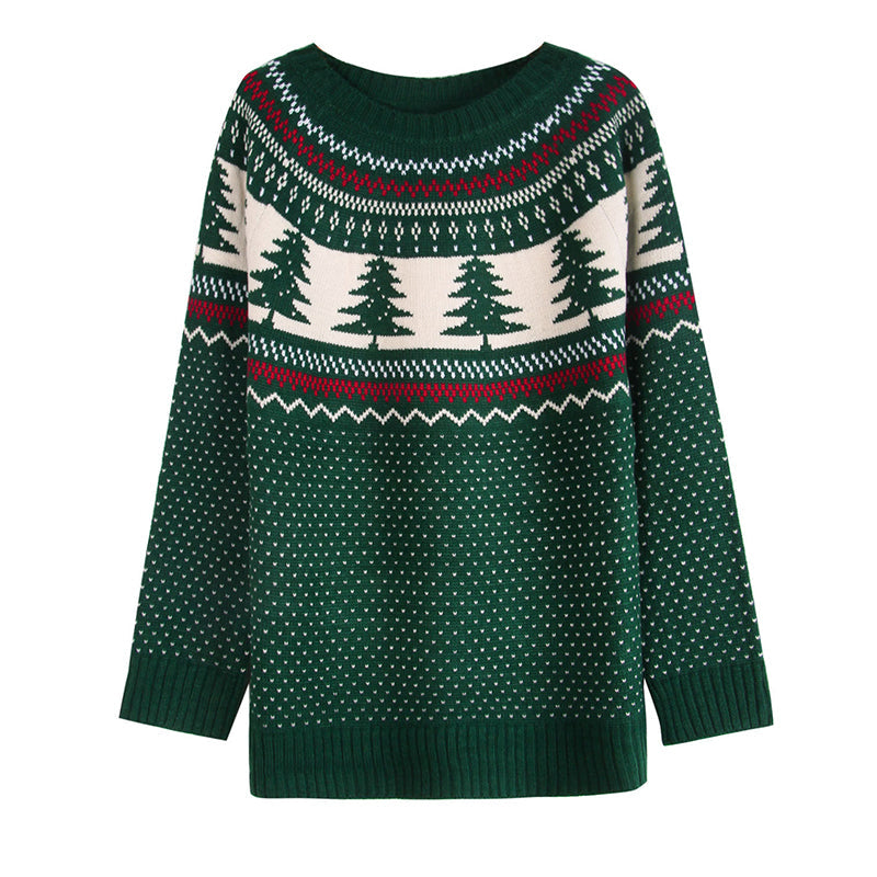 Women's Casual Pine Pattern Sweater, Loose Fit Round Neck Long Sleeve Knit Top For Holiday Parties 