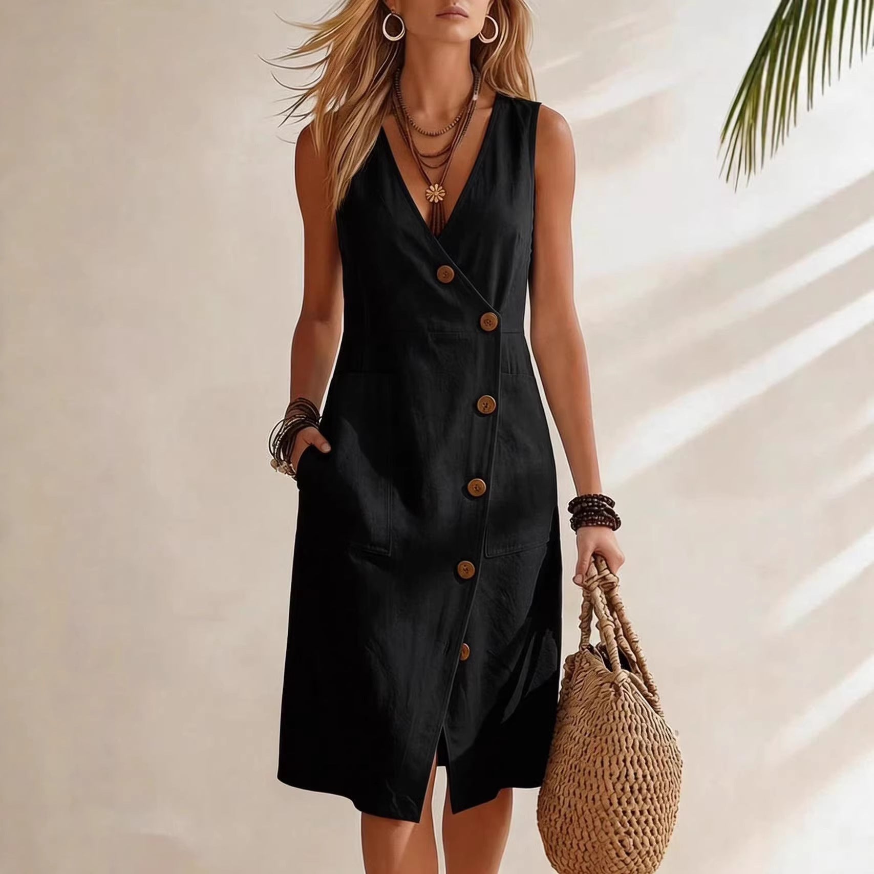 Resort-style V-neck Sleeveless Asymmetrical-button Midi Dress 