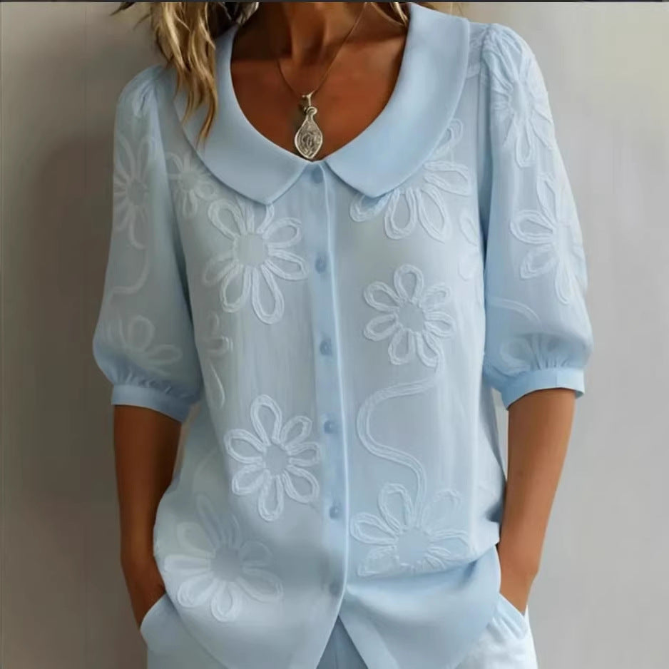 Loose-fit Retro Buttoned 3D Embroidered Floral Shirt 