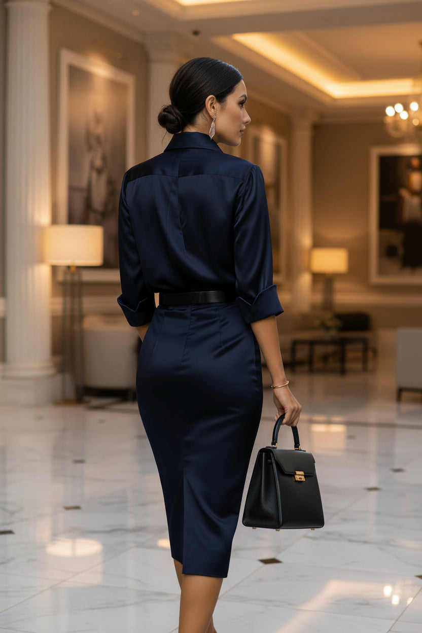 Elegant Slim-fit Half-sleeve Dress With A Lapel Collar 