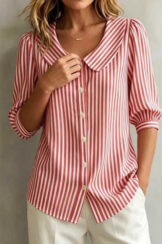 Mid-sleeve Striped V-neck Shirt Top T-shirt Womens Clothing 