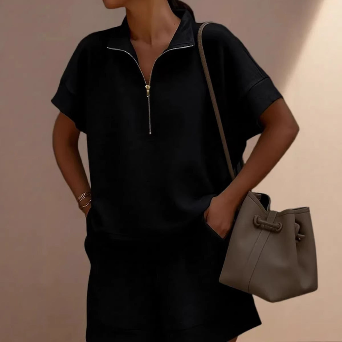 Solid-color Fashion Casual Short Two-piece Sweatshirt Set 