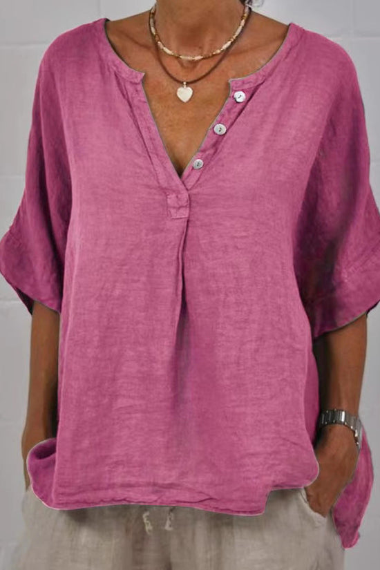 Cotton-linen Solid-color Door-cuff V-neck Button-up Shirt 