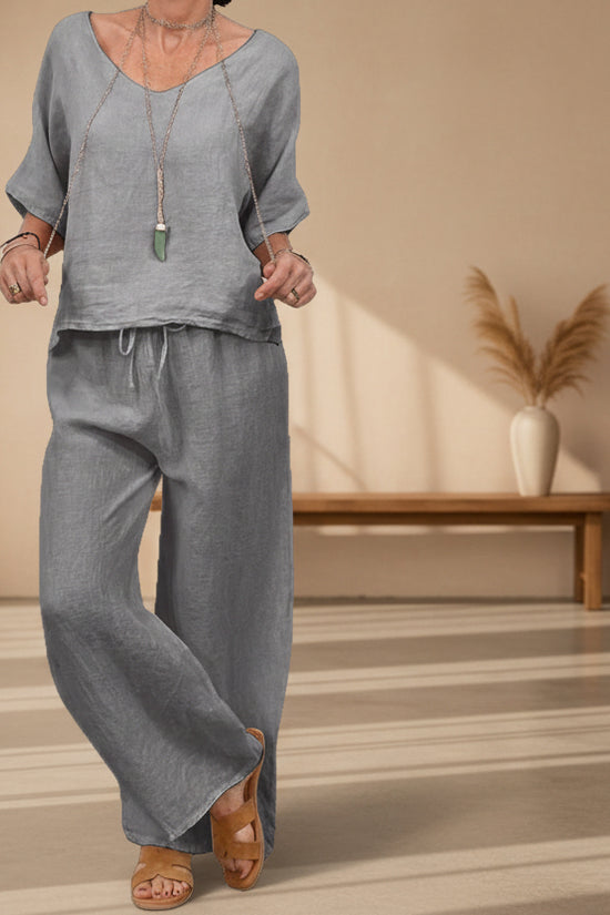 Womens Multi-Color Two-Piece Set Casual V-Neck Pullover With Three-Quarter Sleeves And Extended Pants 