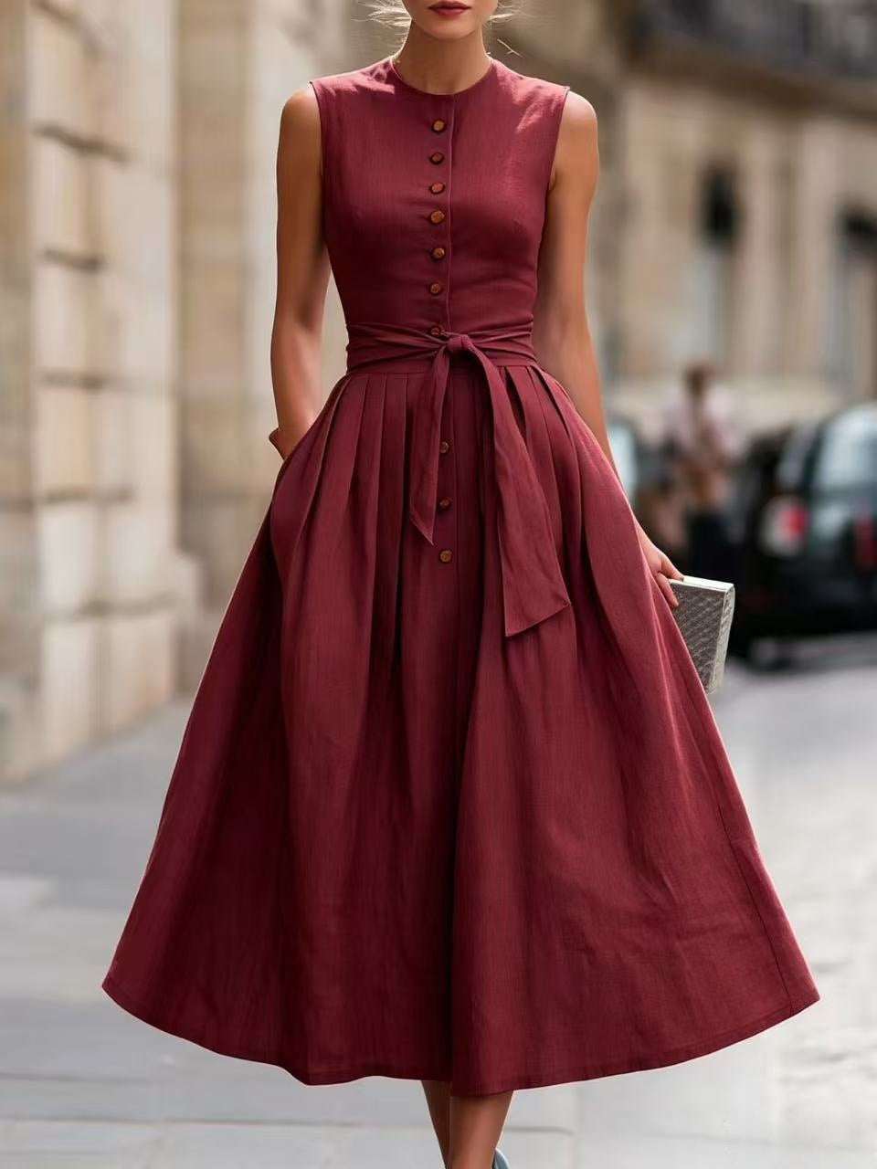Fitted-waist, Sleeveless Cotton-linen Solid-color Maxi Dress 