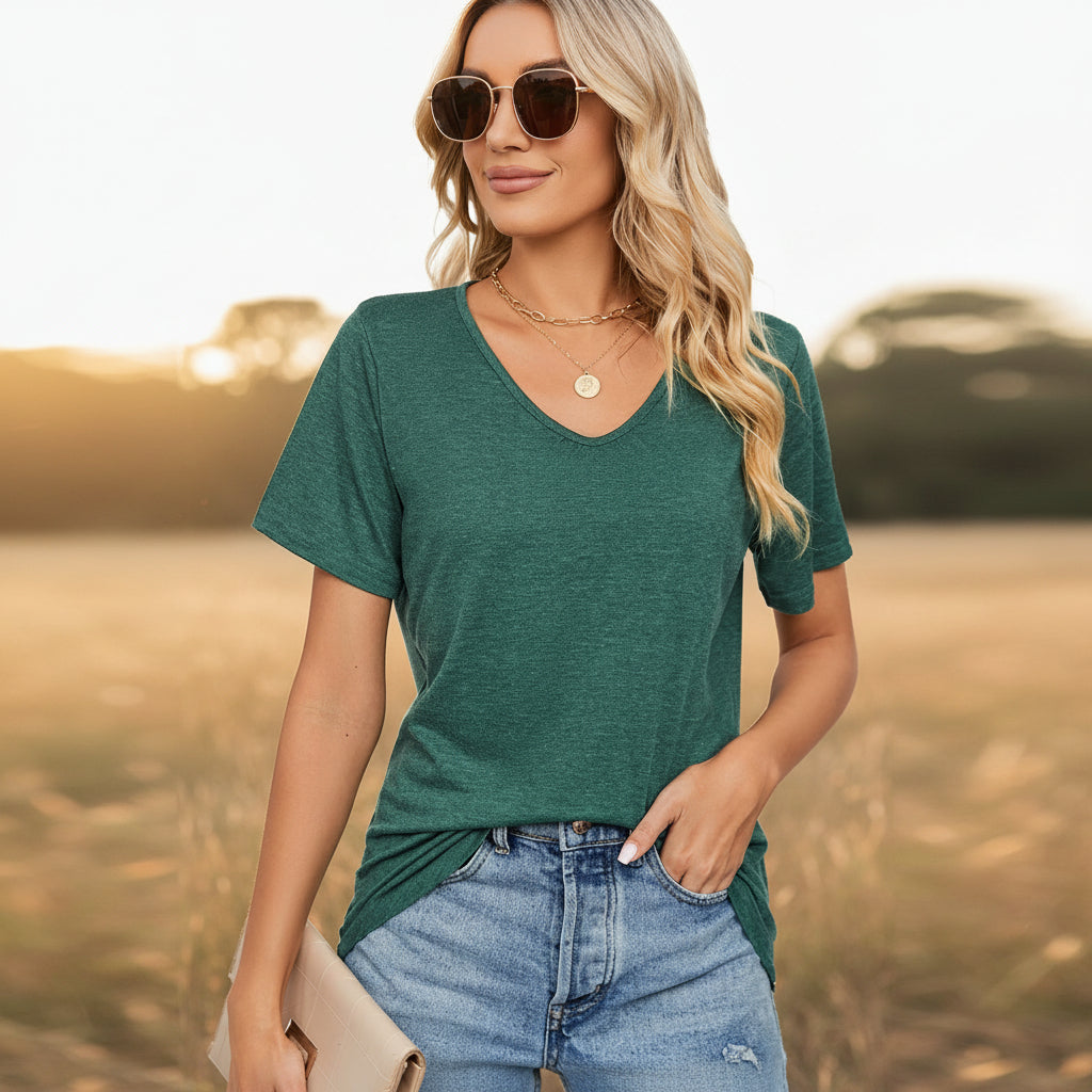 🌼 Women's V-Neck Pleated Loose-Fit T-Shirt – Effortless Summer Elegance FitiqueFit