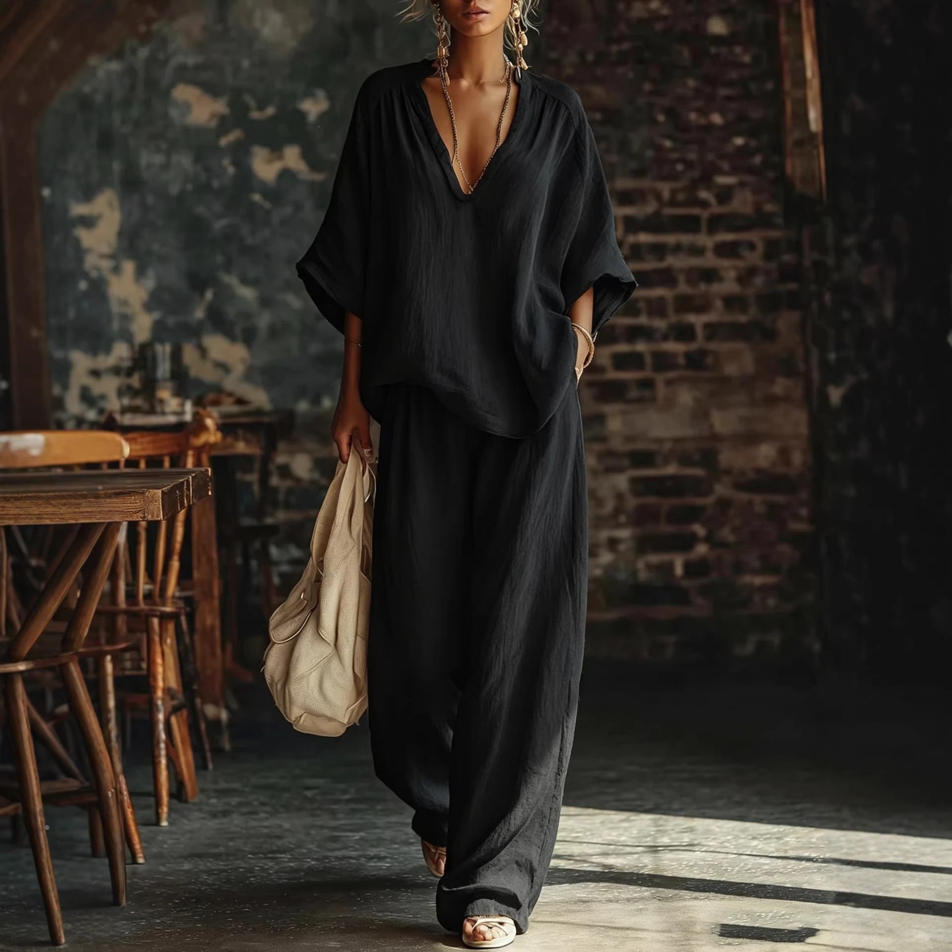 Womens V-neck Loose Short-Sleeve Casual Pants Two-Piece Set 