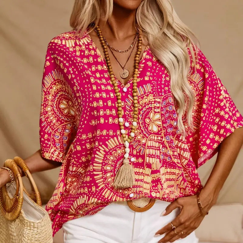 Mandala Print V-Neck Blouse – Casual Vacation Top CJ US