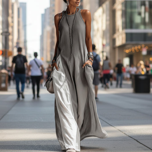 Womens Sleeveless Loose-Fit Color-Block Casual Off-Shoulder Dress With Pockets 