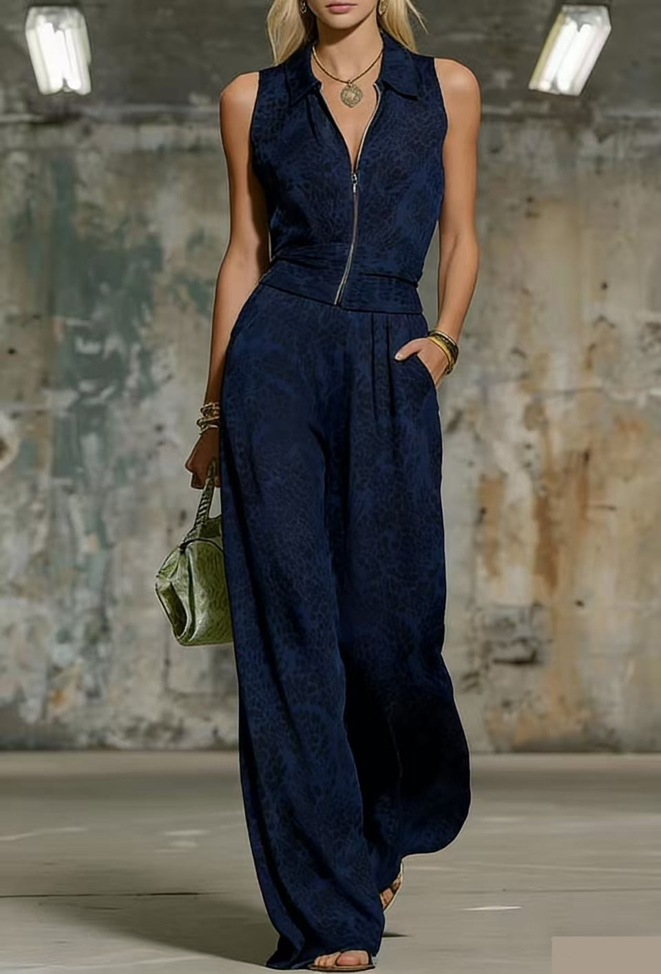Printed Zip-up Sleeveless Jumpsuit 