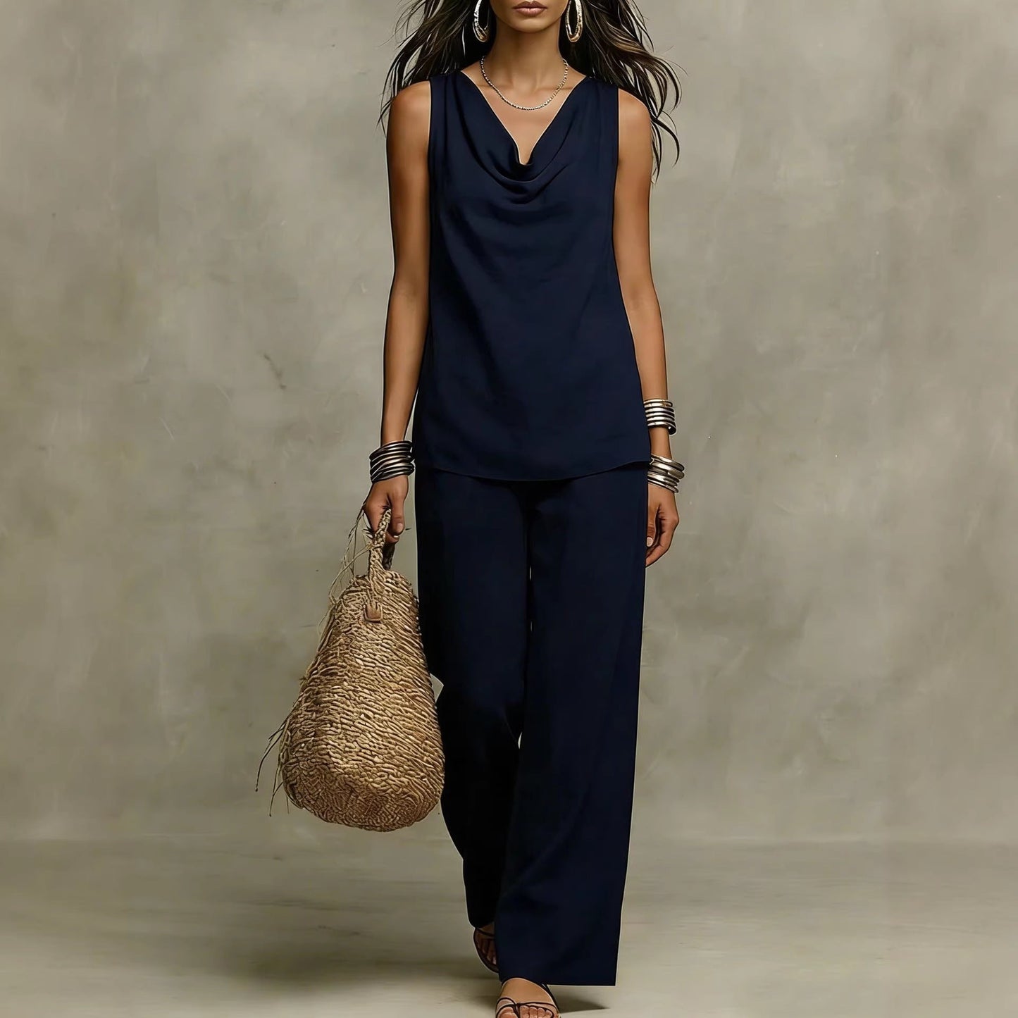 Womens Slash-Neck Sleeveless Tank Top And Casual Pants Set 