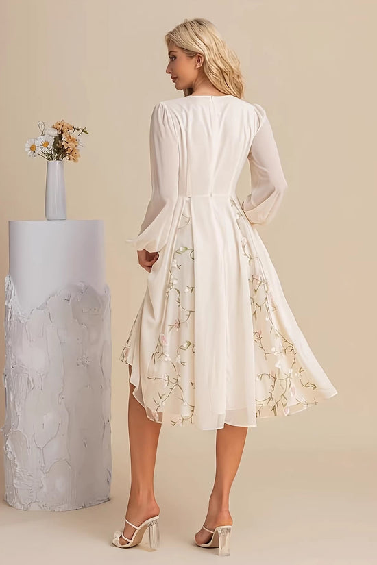 Floral Long-Sleeve V-Neck Pleated Dress For Women 