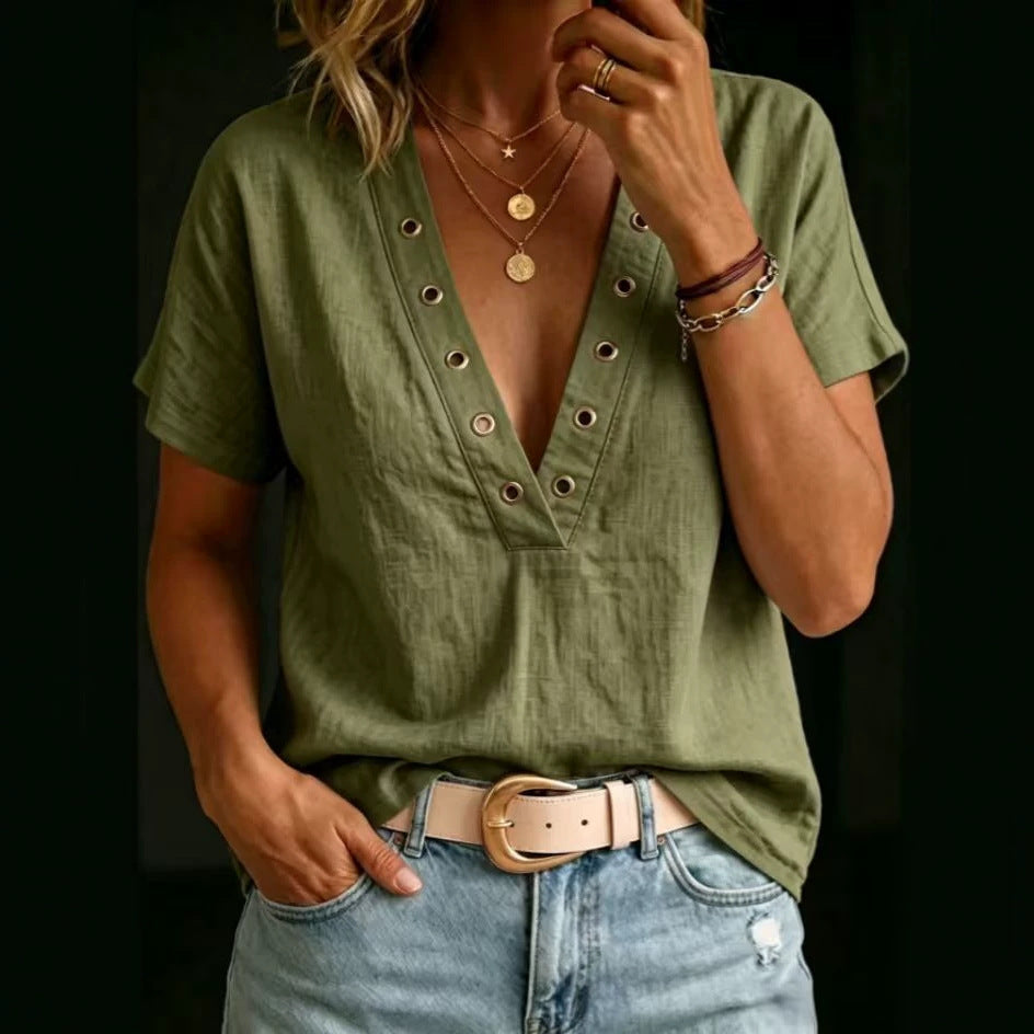 Loose-fitting Casual V-neck Short-sleeve Solid-color Womens Shirt 