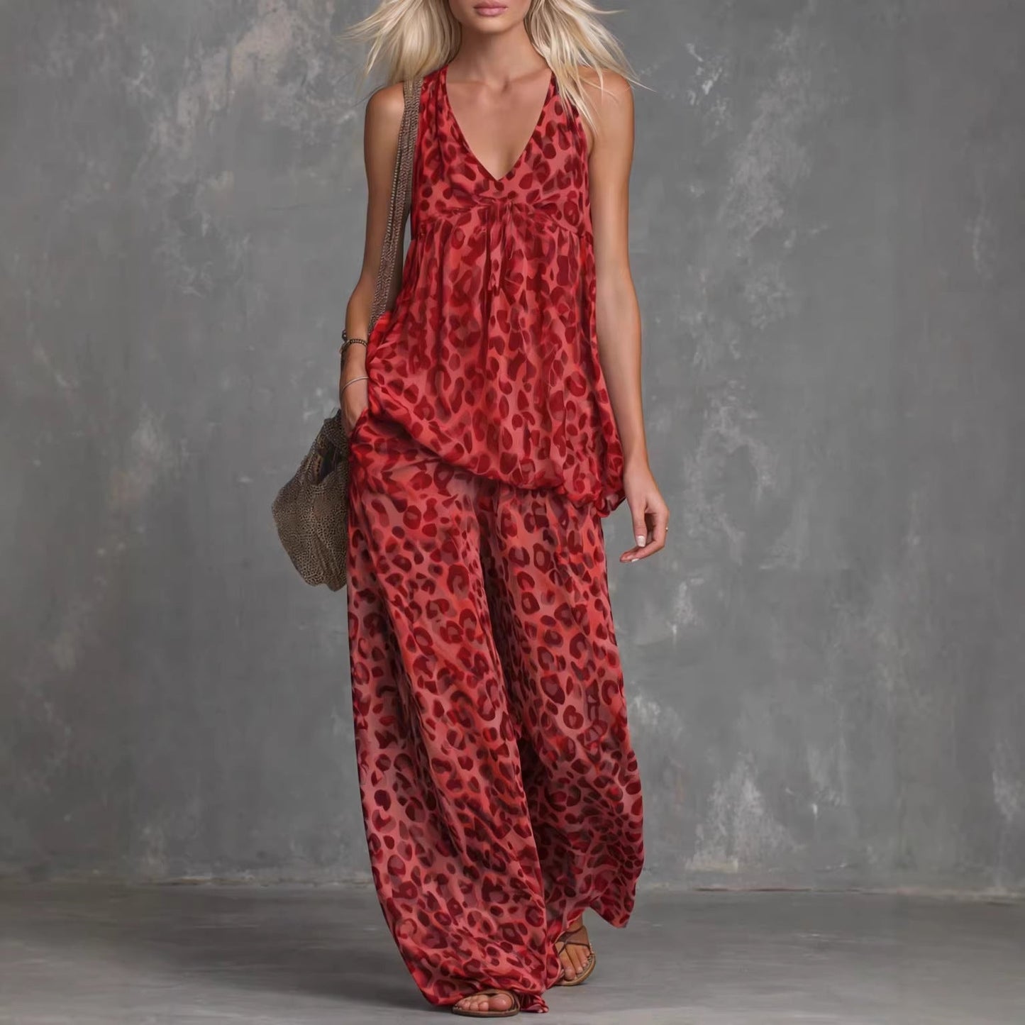 Womens Loose-Fitting Leopard-Print Sleeveless Top And Chiffon Pants Set 