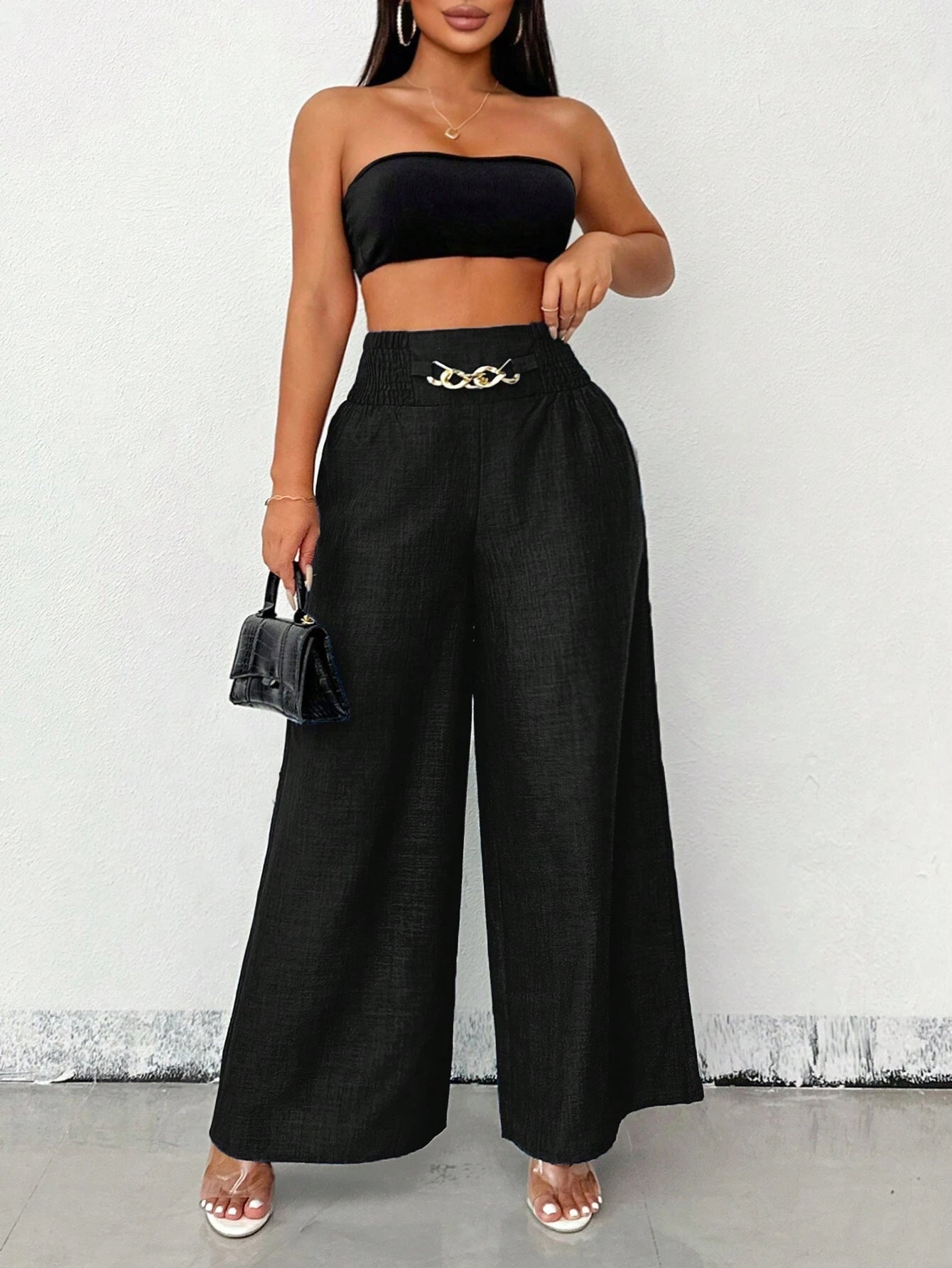 New Womens Fashionable Retro High-Waist Elastic Drapey Wide-Leg Long Pants For Women 