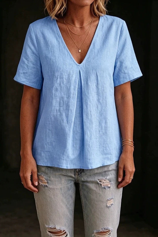 Women's Solid-Color Pleated Cotton-Linen Short-Sleeve Shirt T-Shirt 