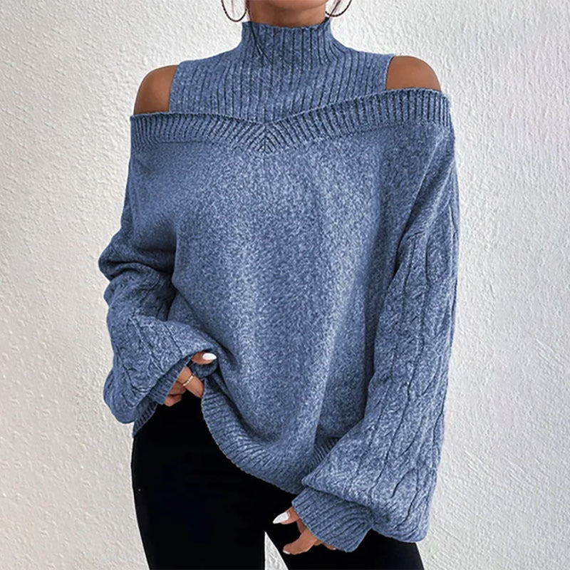 Women’s Elegant Off-Shoulder Turtleneck Sweater — Long Sleeve Knit Top 