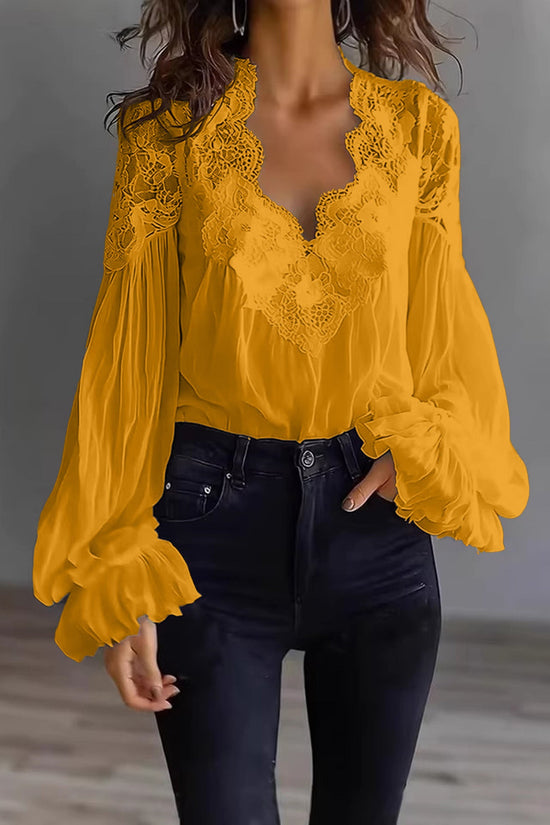 Lace-panelled Ruffled Puff-sleeve Pleated Shirt 