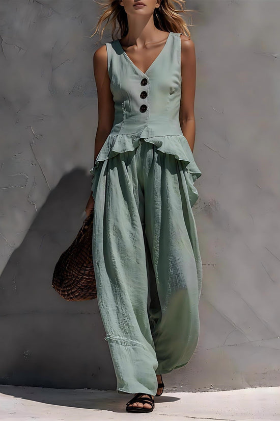 Sleeveless V-neck Ruffled Tank Top Draping Wide-leg Pants Two-piece Set 