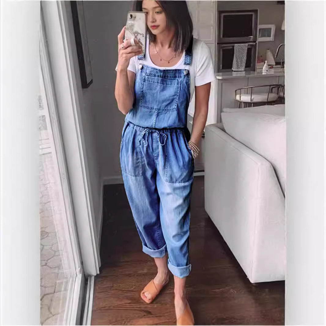 Fashionable Elastic Mid-Waist Jumpsuit Womens Pants 