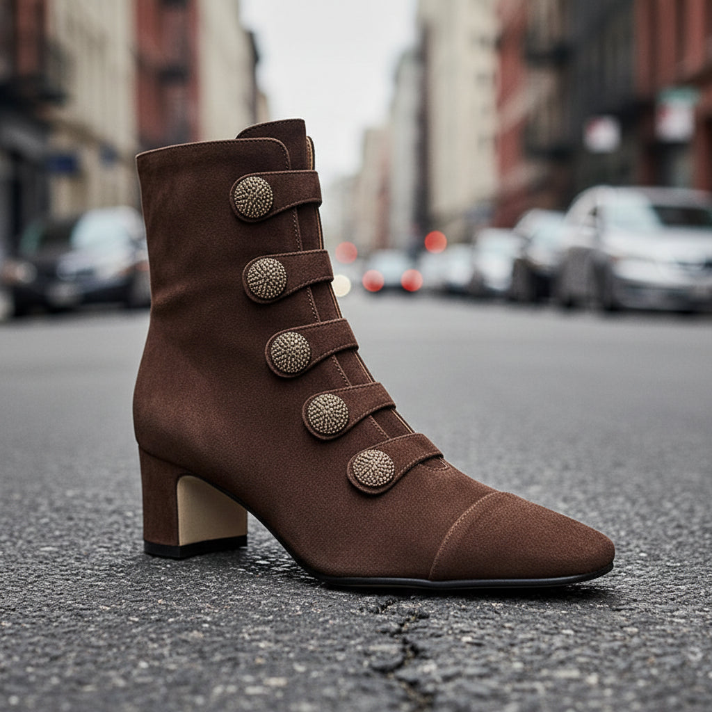 Retro High-heeled Ankle Boots For Women New Autumn Style Suede Round Toe Side Zipper Chunky Heel 