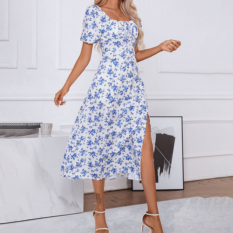 Square Neck Floral Print Dress With Puff Sleeves & Side Slit Maxi Dress CJ US