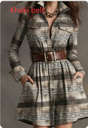 European And American Elegant Plaid Long Sleeve Short Dress Belt 