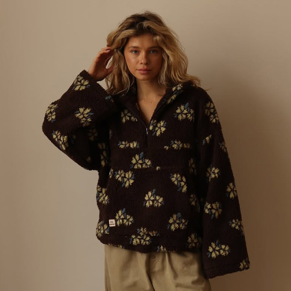Winter Flowers Lambskin Sweatshirt With Big Pocket Casual Loose Zip-up Lapel Pullover Top Women's Clothing 