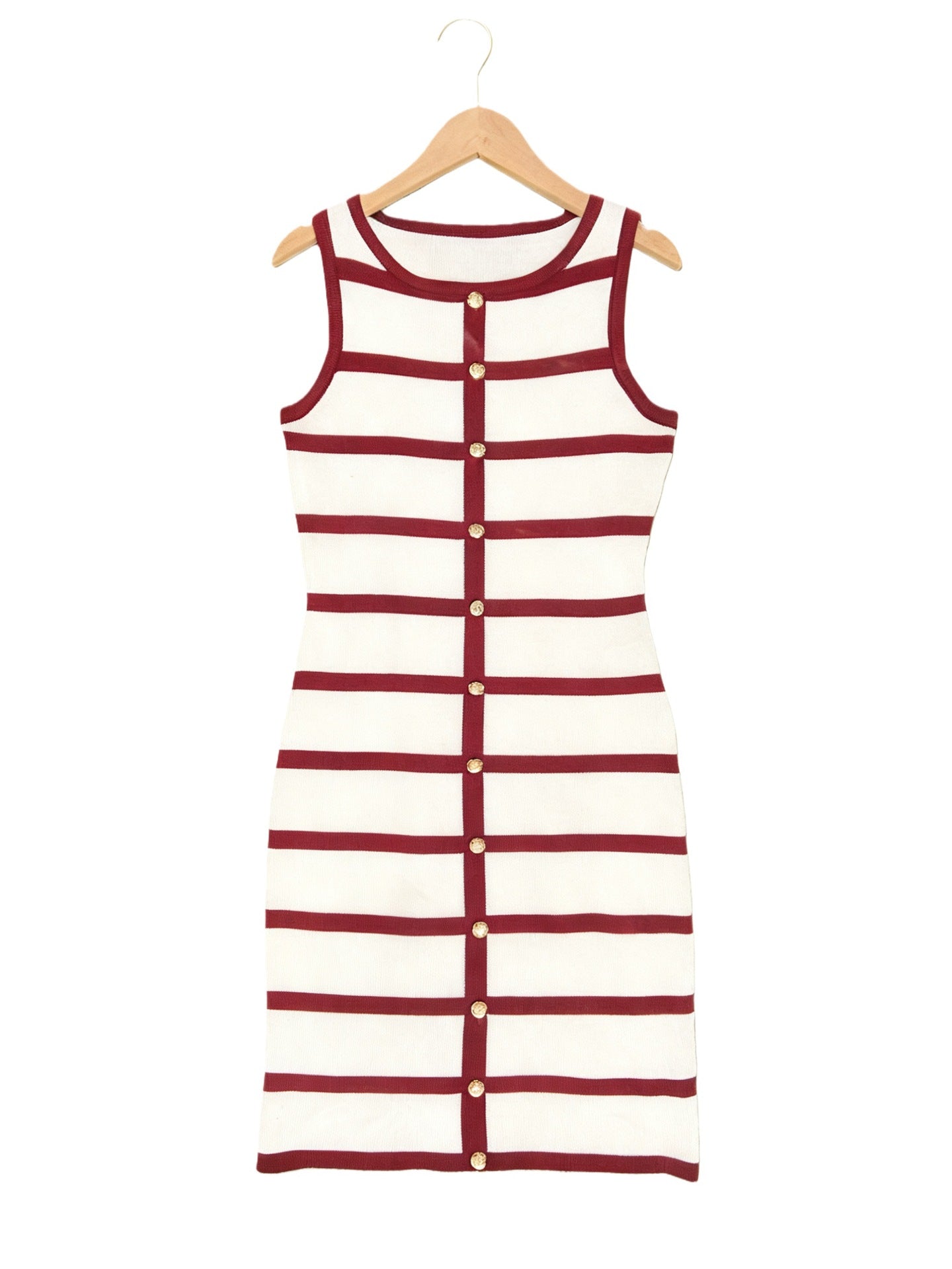 Contrast-color Striped Sleeveless Crew-neck Single-breasted Dress 