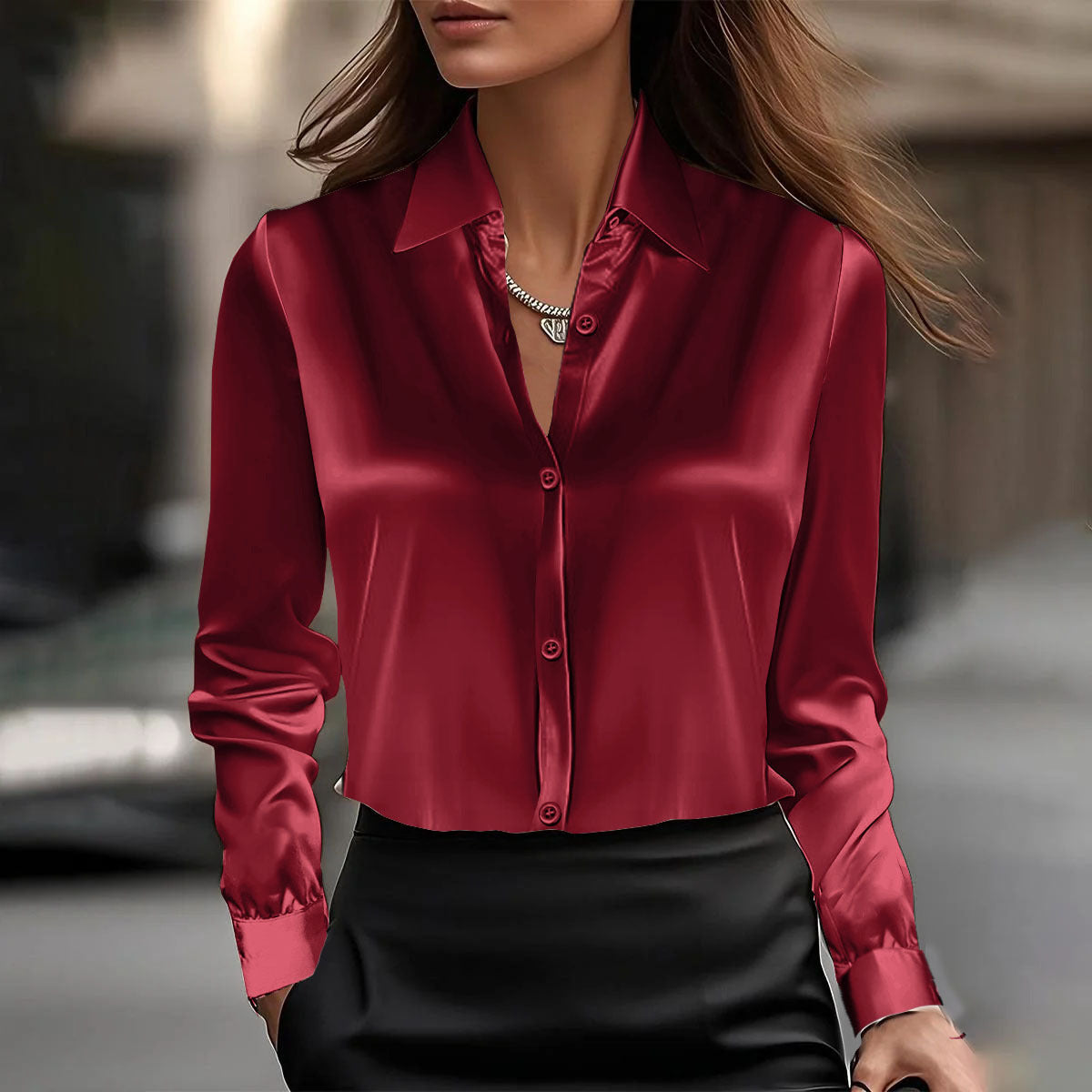 Spring And Autumn Temperament Long Sleeve Satin Swing Collar Top Shirt For Women 