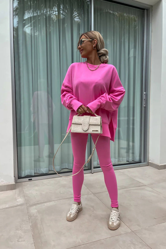 Sweater Suit Women's Casual Loose Long Sleeve Crew Neck Split Top Tight Trousers 