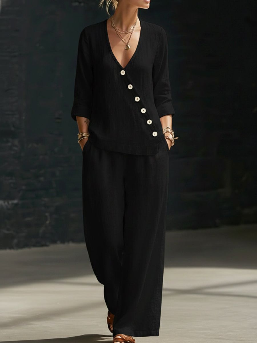 Loose-fitting V-neck Cross-over Shirt And Wide-leg Pants 