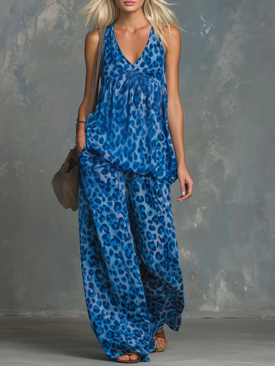 Womens Loose-Fitting Leopard-Print Sleeveless Top And Chiffon Pants Set 
