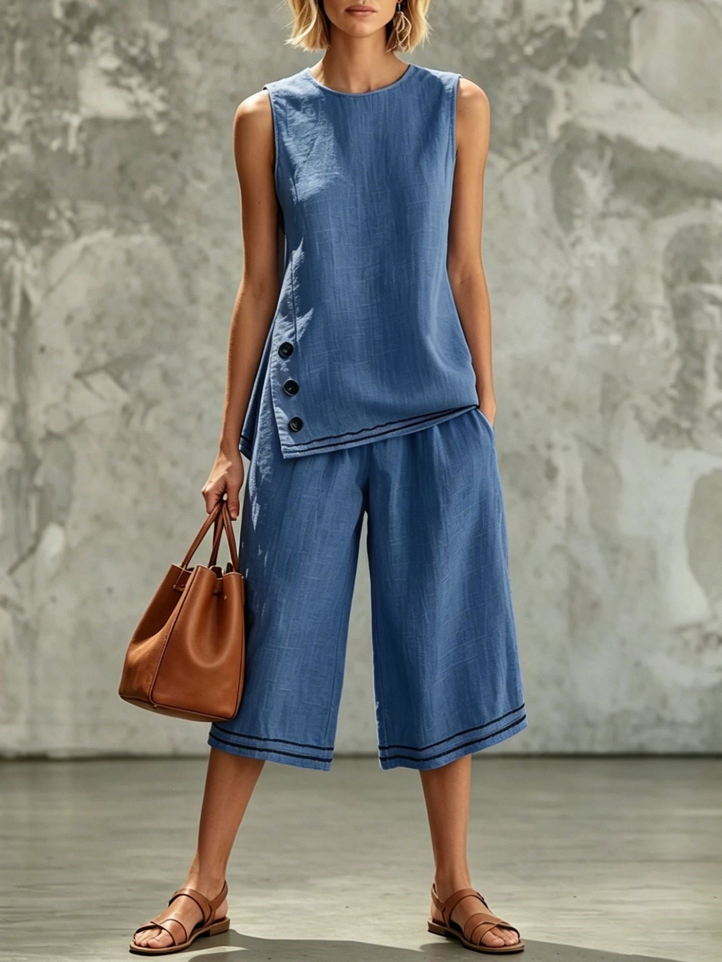 Sleeveless Side-split Tank Top Paired With Wide-leg Cropped Pants Womens Two-piece Set 