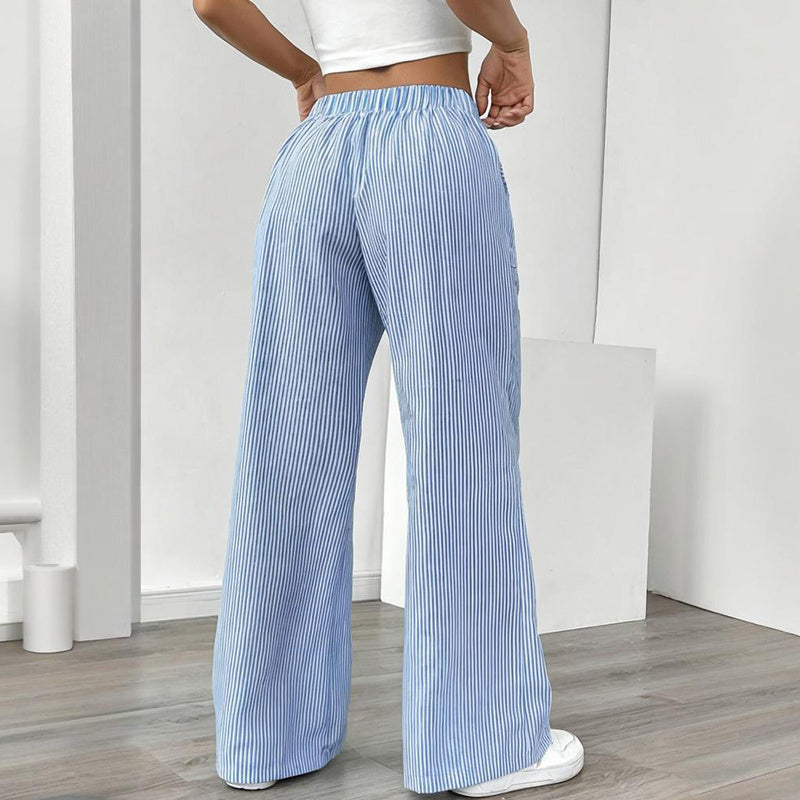Women's Striped Print Straight Wide Leg Pockets Pants Casual Long Pants CJ US