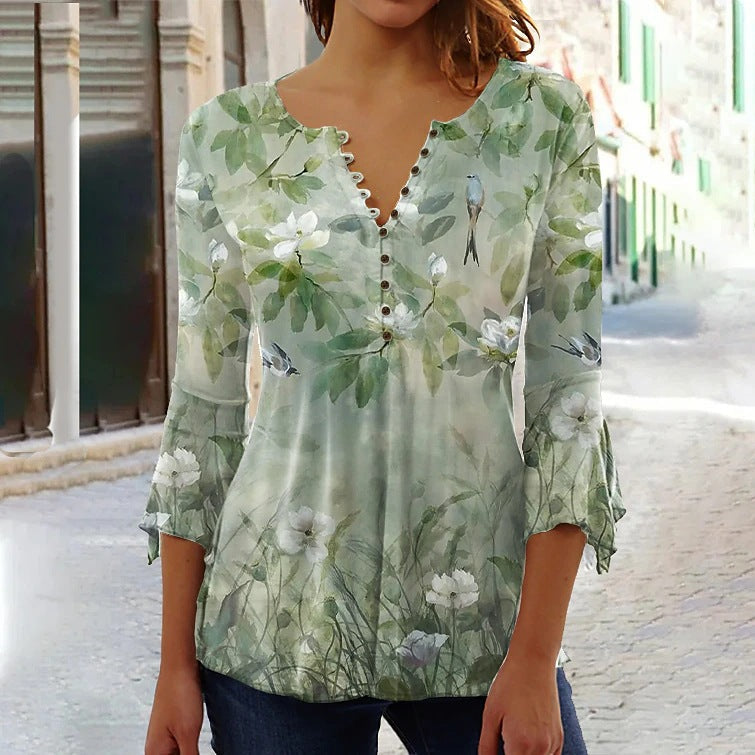 🌸 Asymmetrical Spike Button 3/4 Sleeve T-Shirt – Effortless Chic 
