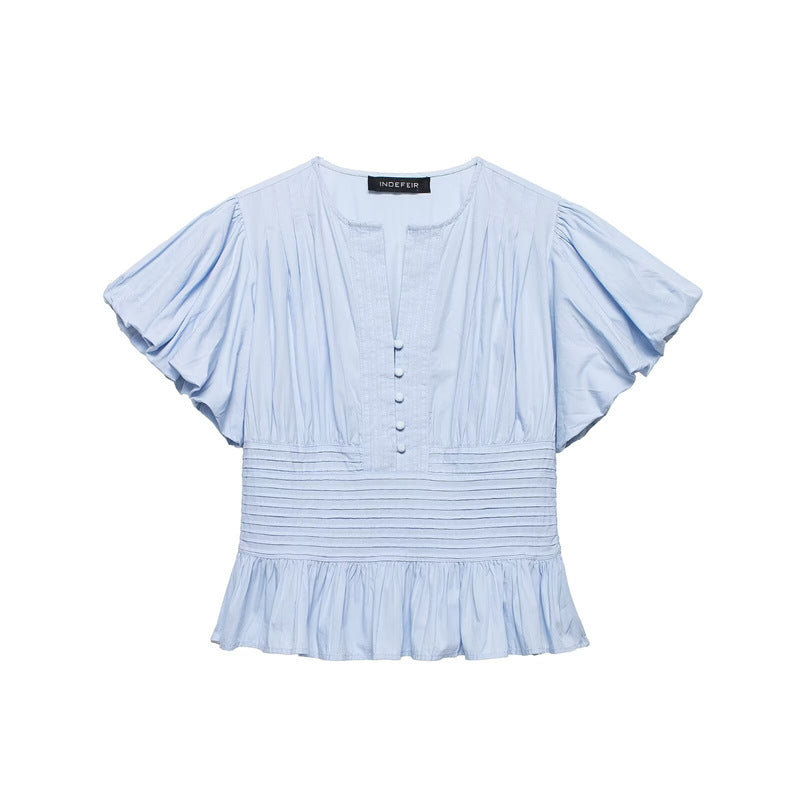 Ruffle-trimmed Puff-sleeve Blouse Top 