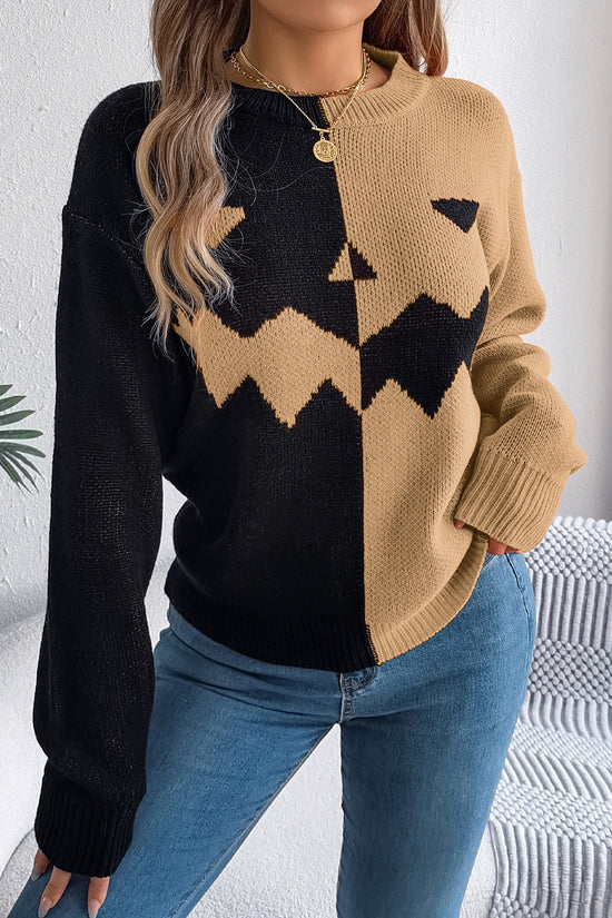 Women’s Spooky Pumpkin Contrast Long-Sleeve Pullover Sweater CJ US