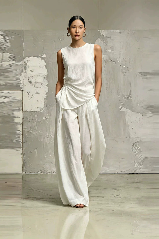Womens Round-Neck Loose Sleeveless Top And High-Waist Pants Two-Piece Set 